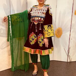 Colorful Embroidered Traditional Dress with Green Dupatta
